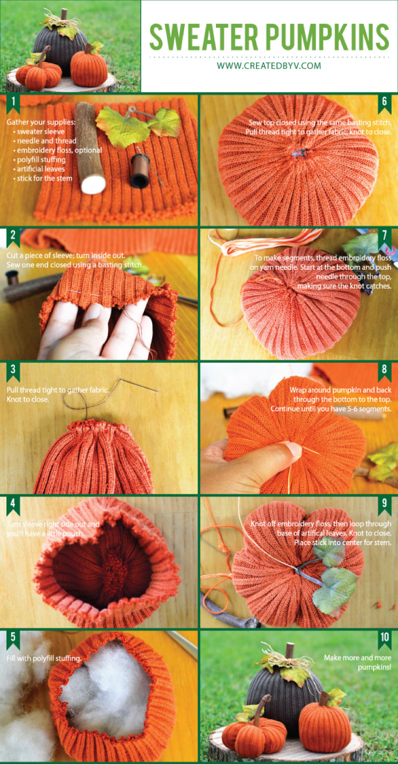 Made from old sweater sleeves, these pumpkins require minimal sewing skills and deliver darling results!